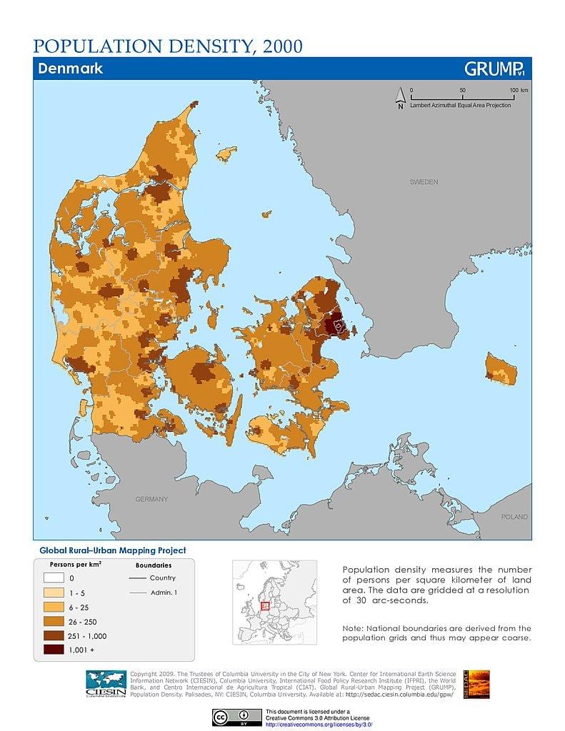 dánsko hustota obyvateľstva mapu